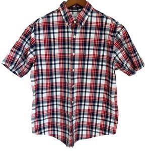 Croft & Barrow Red Plaid Shirt Easy Care Button Up Short Sleeve Cotton Men's L